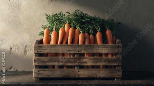 Obraz na płótnie Fresh and Vibrant Carrots in a Rustic Wooden Crate Perfect for Farm-to-Table or Organic Food Concepts w salonie