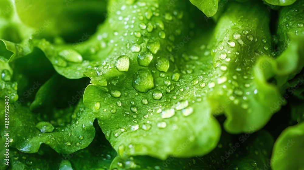 Close-Up of Fresh Green Lettuce Leaves with Water Droplets Glimmering in Natural Light