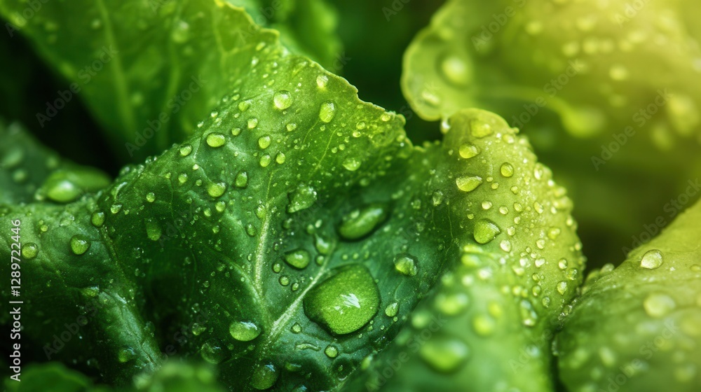 Close-up of Fresh Green Lettuce Leaves with Water Droplets in Natural Light for Healthy Food Concept