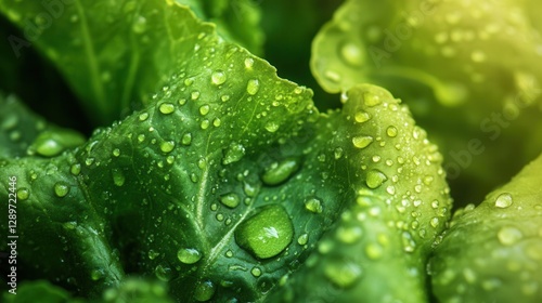 Obraz na płótnie Close-up of Fresh Green Lettuce Leaves with Water Droplets in Natural Light for Healthy Food Concept w salonie