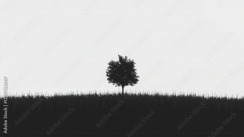 Minimalist black and white landscape with lonely tree silhouette against a soft gray background