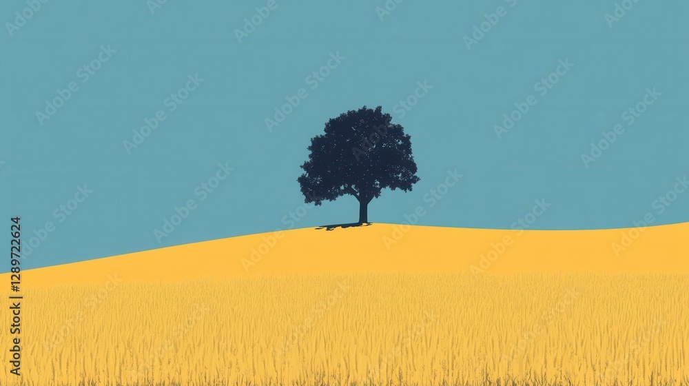 Solitary Tree Silhouette on Yellow Field Under Clear Sky in Minimalist Composition