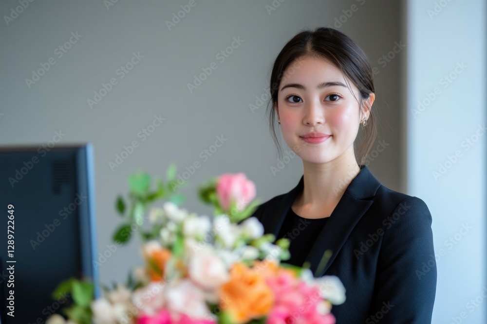young Woman in Business Attire near Flowers young Woman in Business Attire near Flowers