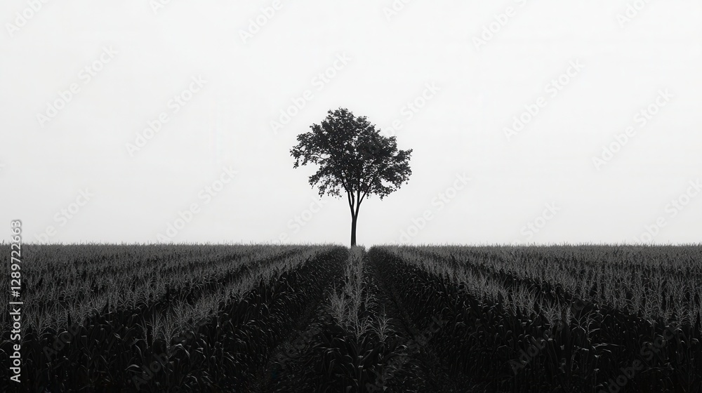 Minimalistic Landscape with a Single Tree Surrounded by Cornfield Under Overcast Sky
