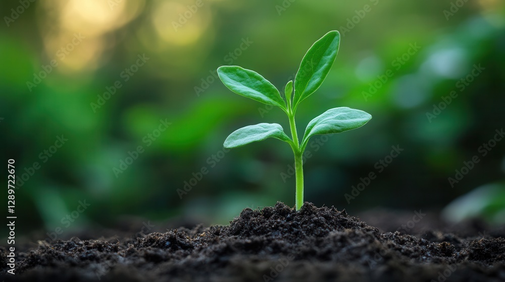 Young Green Plant Growing in Rich Soil with Blurred Natural Background and Soft Light in a Garden Environment