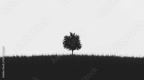 Obraz na płótnie Minimalist black and white landscape with lonely tree silhouette against a soft gray background w salonie