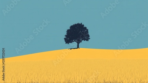 Obraz na płótnie Solitary Tree Silhouette on Yellow Field Under Clear Sky in Minimalist Composition w salonie