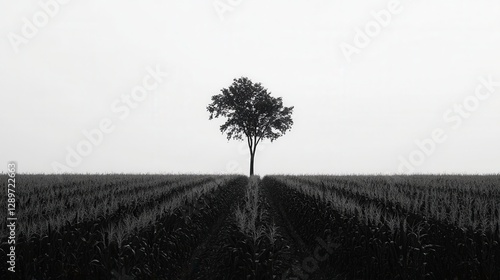 Obraz na płótnie Minimalistic Landscape with a Single Tree Surrounded by Cornfield Under Overcast Sky w salonie
