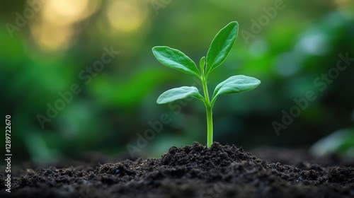 Obraz na płótnie Young Green Plant Growing in Rich Soil with Blurred Natural Background and Soft Light in a Garden Environment w salonie