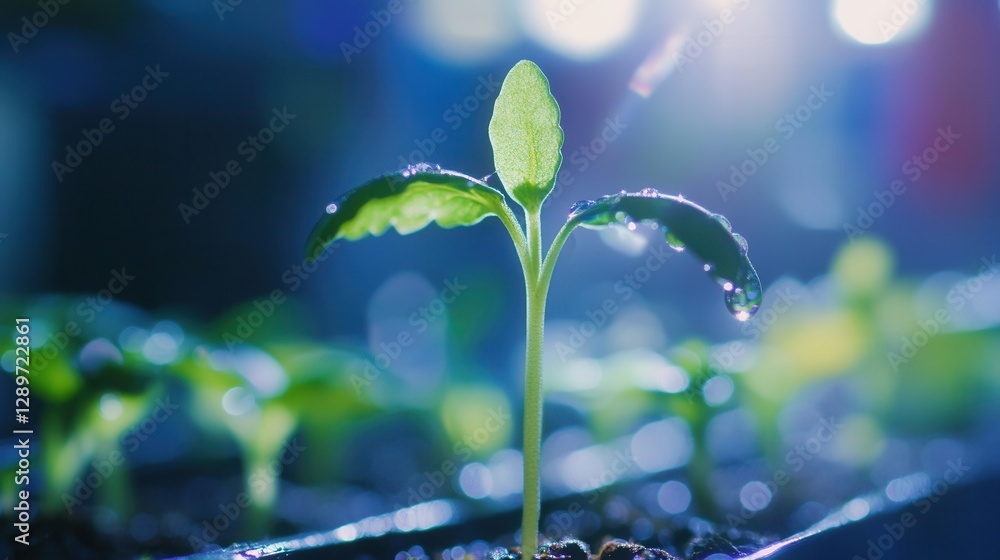 Fresh Green Seedling Emerging from Soil with Dewdrops in Bright Light