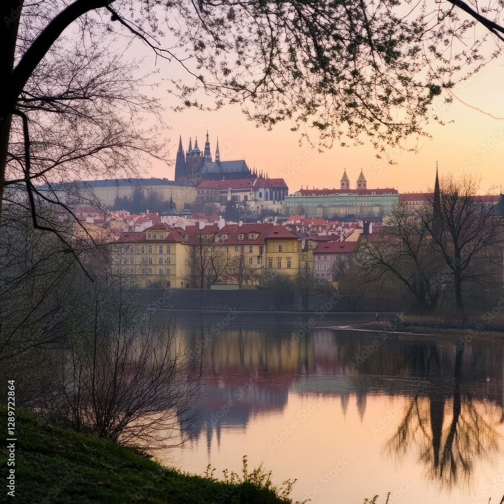 Fototapeta premium Early Prague spring, river castle