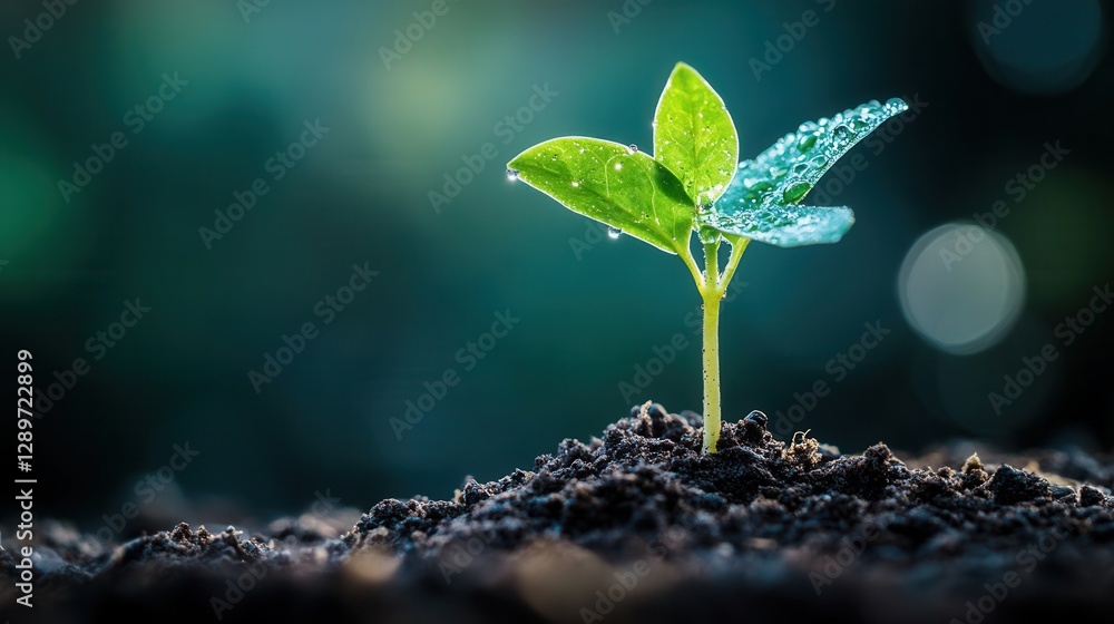 Fresh Green Seedling Growing Out of Dark Soil with Water Droplets in a Natural Environment