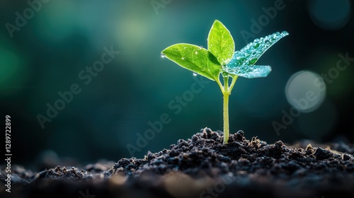 Obraz na płótnie Fresh Green Seedling Growing Out of Dark Soil with Water Droplets in a Natural Environment w salonie