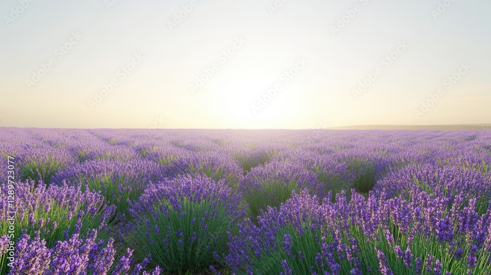 Expansive Lavender Field Under Soft Sunrise Light with Vibrant Purple Blooms and Gentle Sunrise Hues