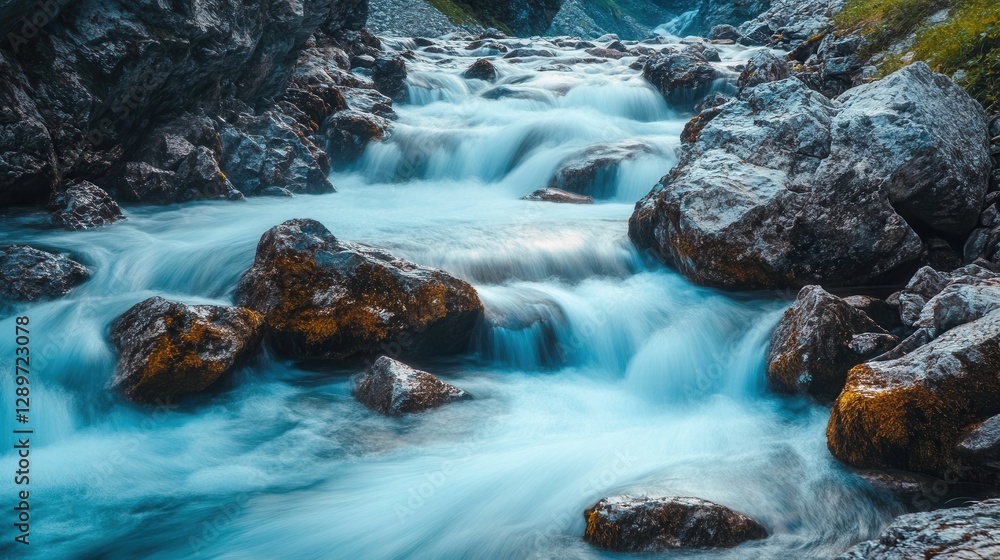 Serene Mountain Stream with Flowing Water Over Rocks in a Natural Landscape