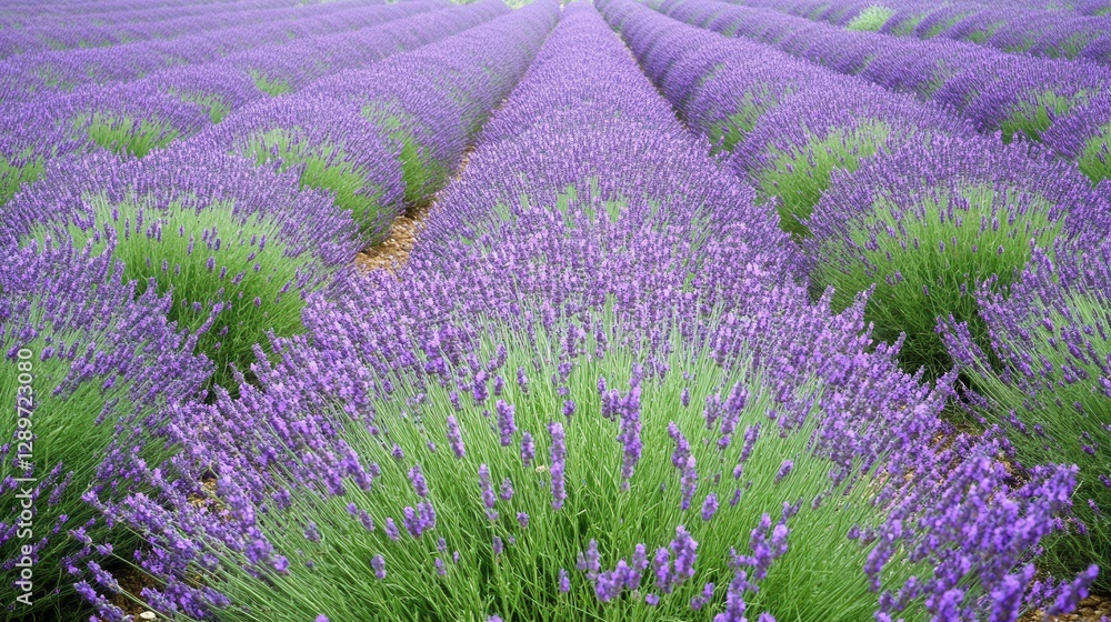 Expansive View of Lush Lavender Fields in Full Bloom Under Blue Sky on a Sunny Day
