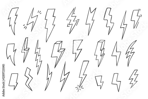 Hand drawn lightning bolt doodles in various styles. Comic art
