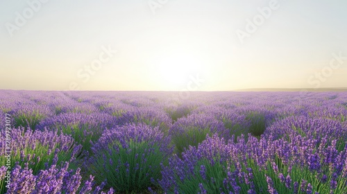 Obraz na płótnie Expansive Lavender Field Under Soft Sunrise Light with Vibrant Purple Blooms and Gentle Sunrise Hues w salonie