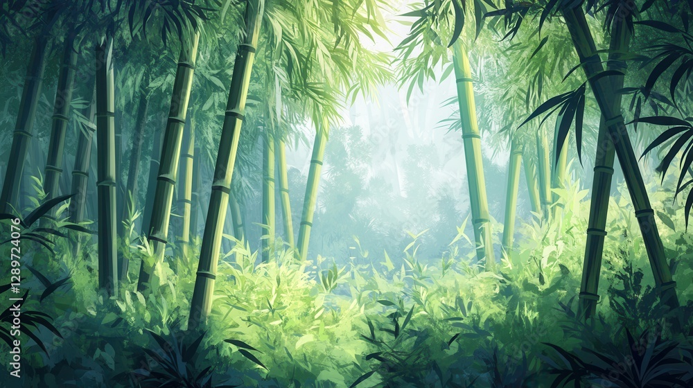 Obraz premium Lush Bamboo Forest with Sunlight Filtering Through Green Leaves in Serene Natural Environment
