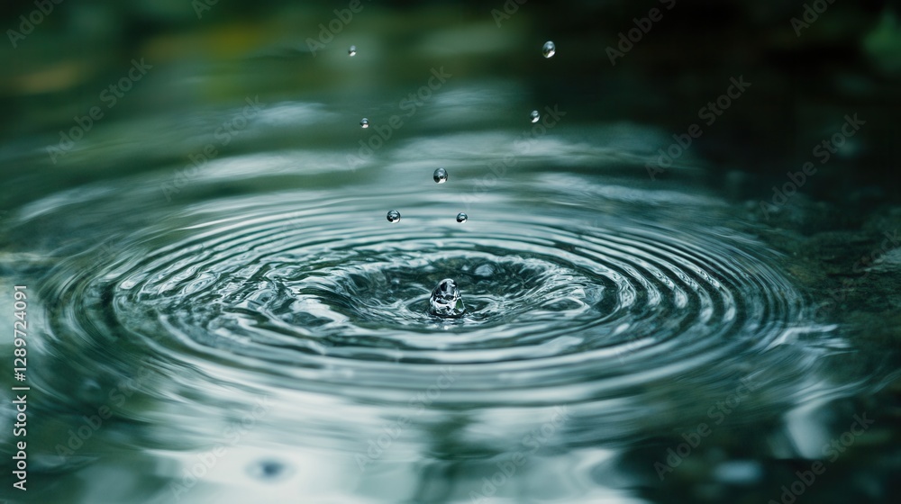 Close-Up View of Water Droplet Causing Ripples in Still Water Surface with Soft Natural Background Effects Close-Up View of Water Droplet Causing Ripples in Still Water Surface with Soft Natural Background Effects