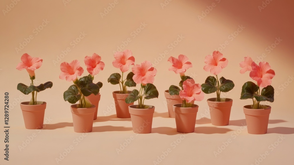 Group of small potted pink flowers on a light peach background Group of small potted pink flowers on a light peach background