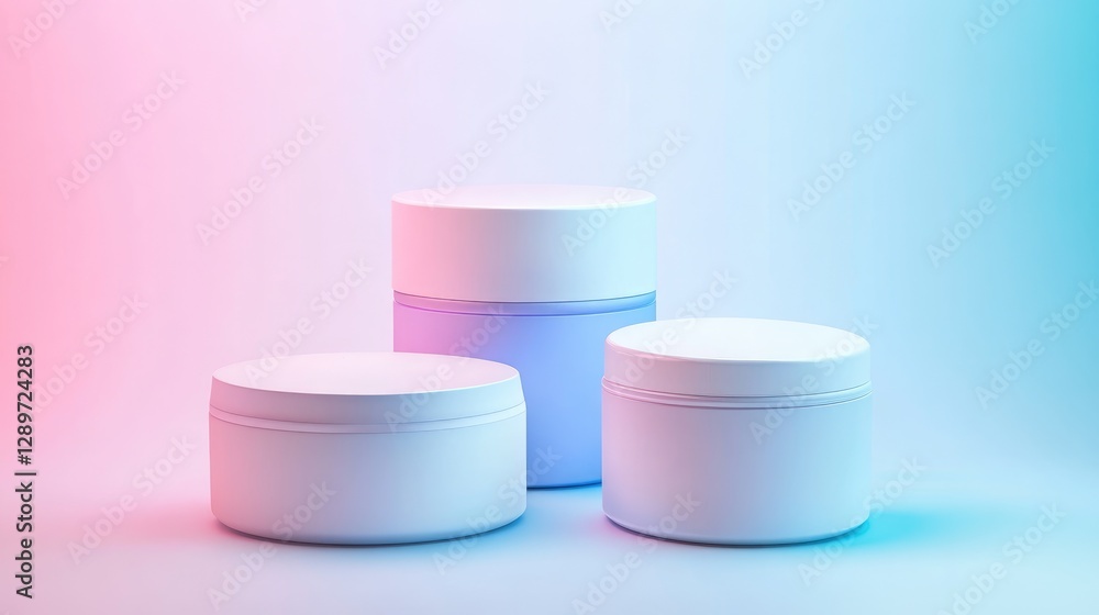 Glossy cosmetic product packaging displayed on a gradient warm-to-cool background Glossy cosmetic product packaging displayed on a gradient warm-to-cool background