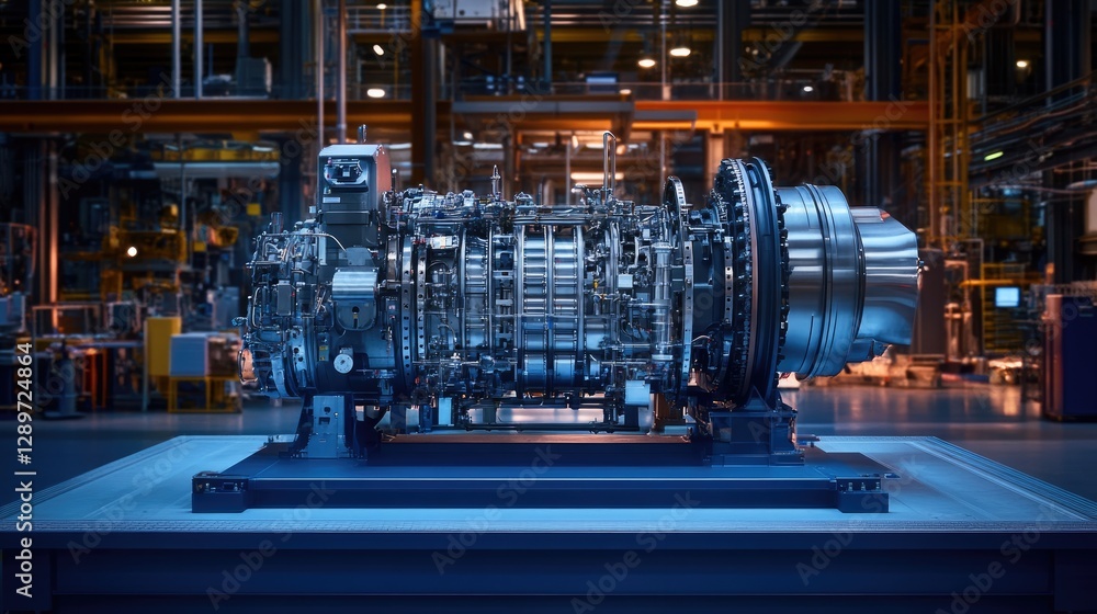 Fototapeta premium High-performance turbine engine in a factory on a deep royal blue background