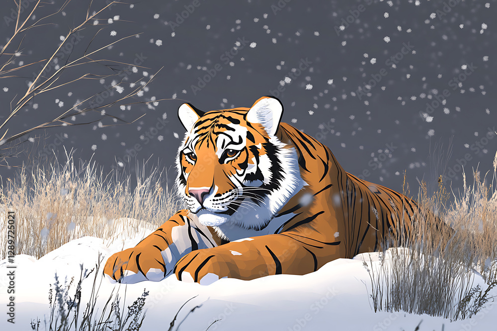Obraz premium A tiger resting in the snow, surrounded by tall grass and falling snowflakes.