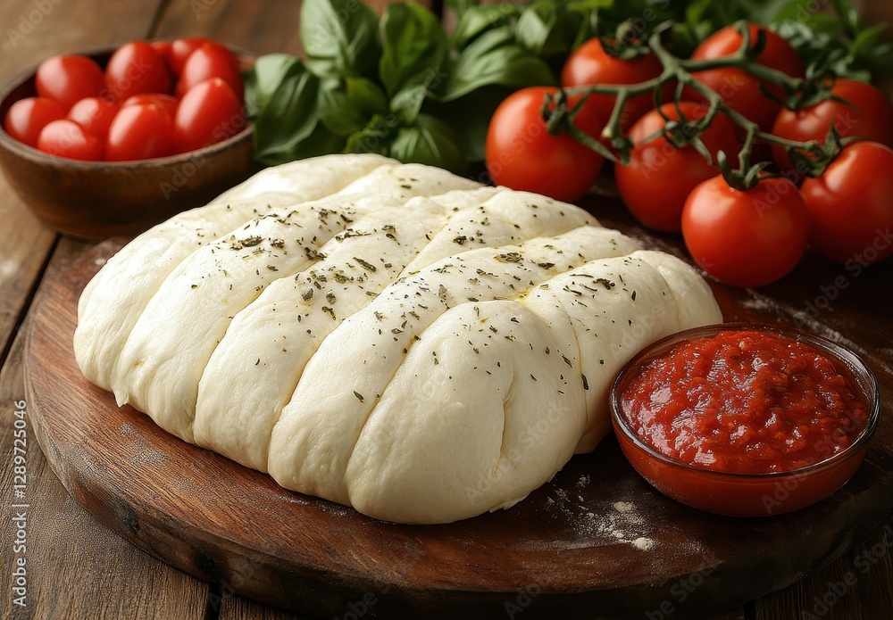 Freshly Prepared Dough with Herbs Accompanied by Juicy Tomatoes and Red Sauce on Wooden Table for Culinary Creations and Pizza Making Freshly Prepared Dough with Herbs Accompanied by Juicy Tomatoes and Red Sauce on Wooden Table for Culinary Creations and Pizza Making