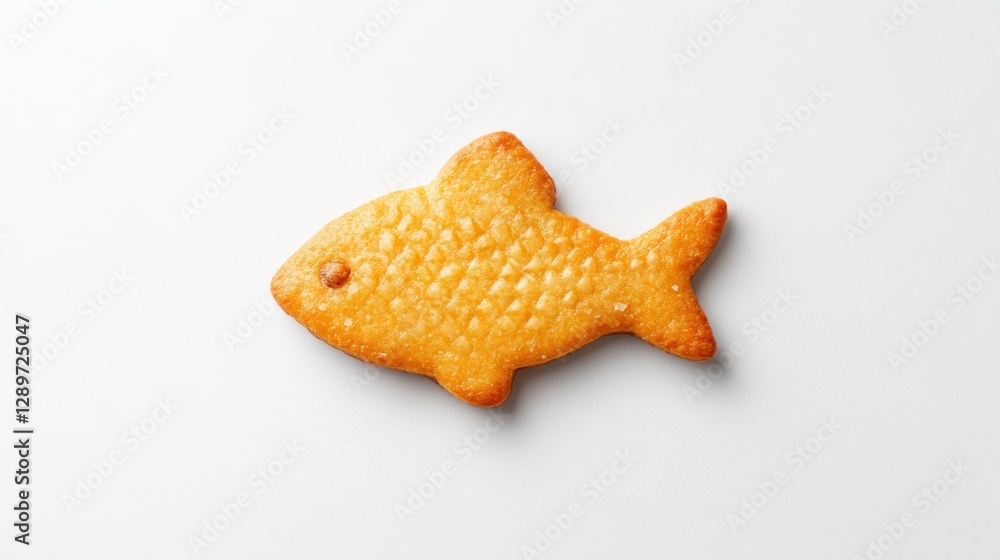 Golden-brown fish-shaped cracker on white background
