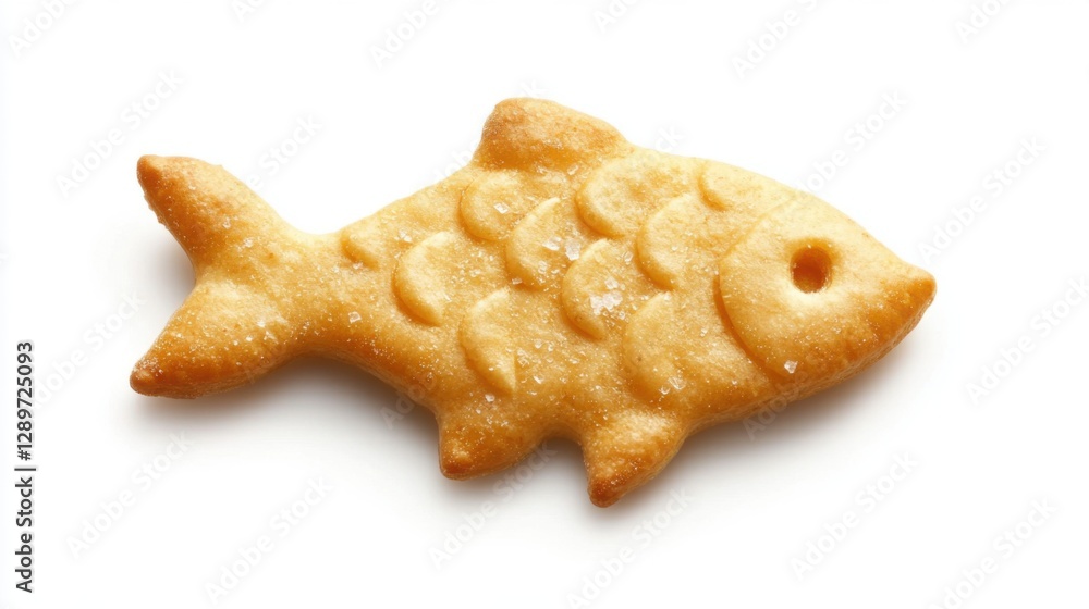 Golden brown fish-shaped cracker on white background