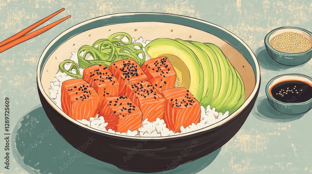Fresh salmon poke bowl with avocado and carrots