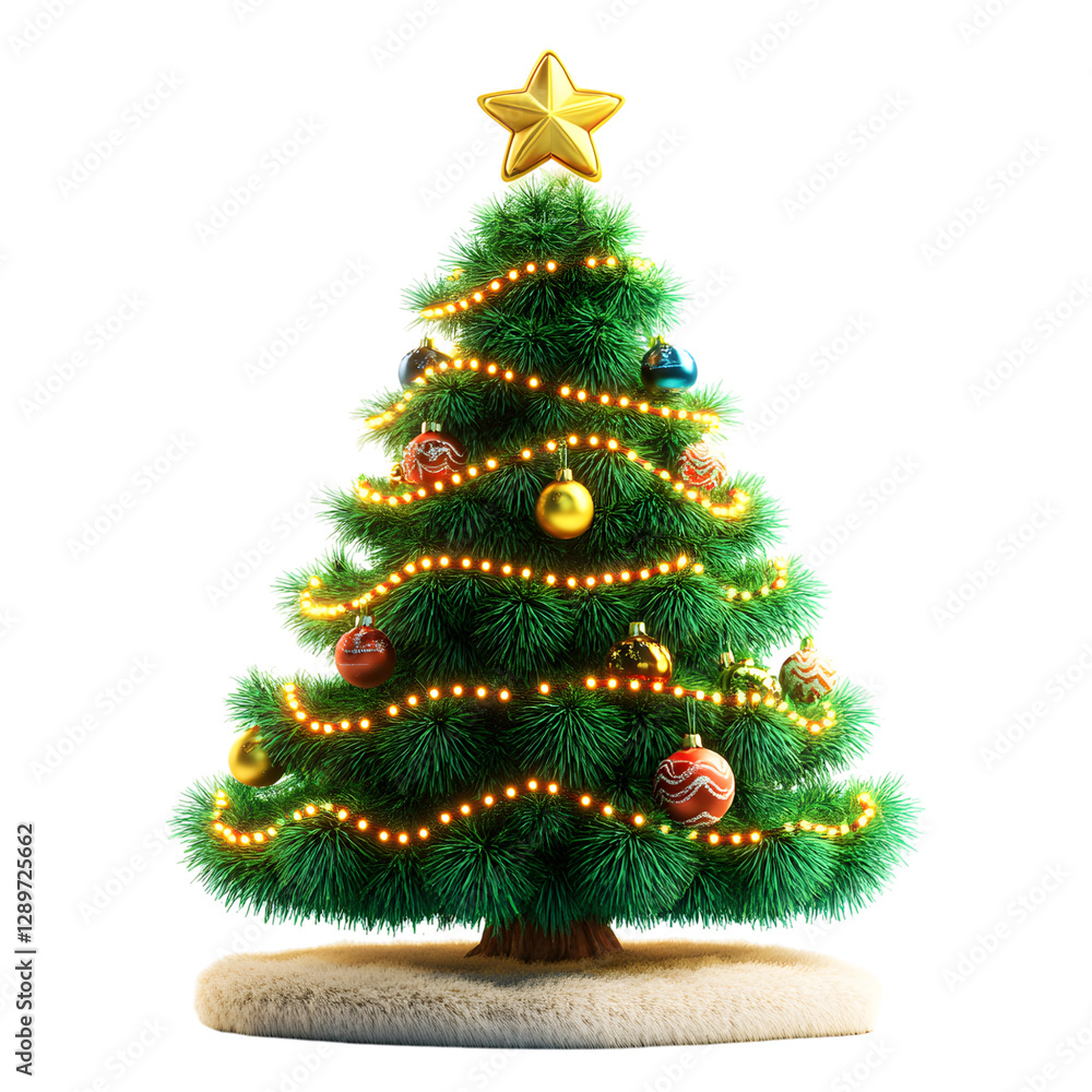 Fluffy 3D Cartoon Christmas Tree with Lights and Ornaments Isolated on Transparent Background Fluffy 3D Cartoon Christmas Tree with Lights and Ornaments Isolated on Transparent Background