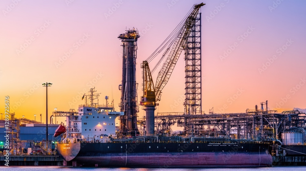 Fototapeta premium Industrial crane towering over a shipyard with a pastel lilac sky