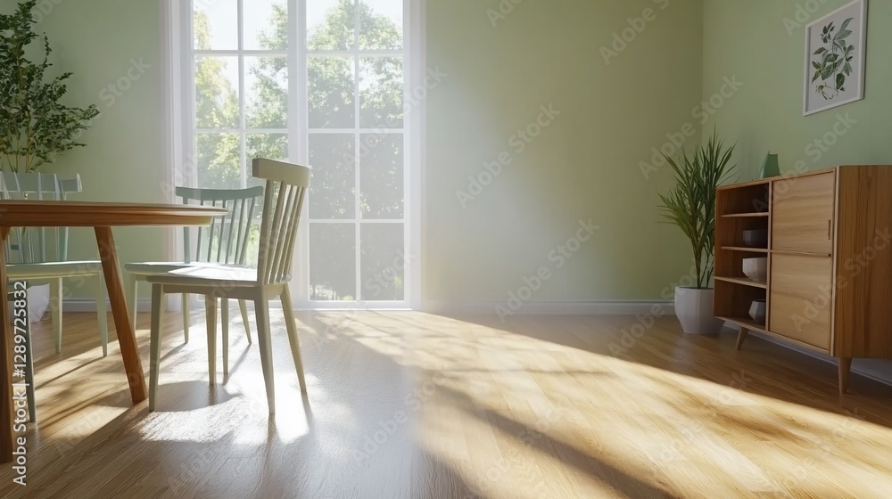 Sunny dining room, green walls, wooden floor, plants. Home interior design Sunny dining room, green walls, wooden floor, plants. Home interior design