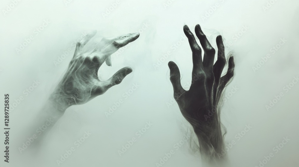 Ethereal ghostly hands reaching through mist