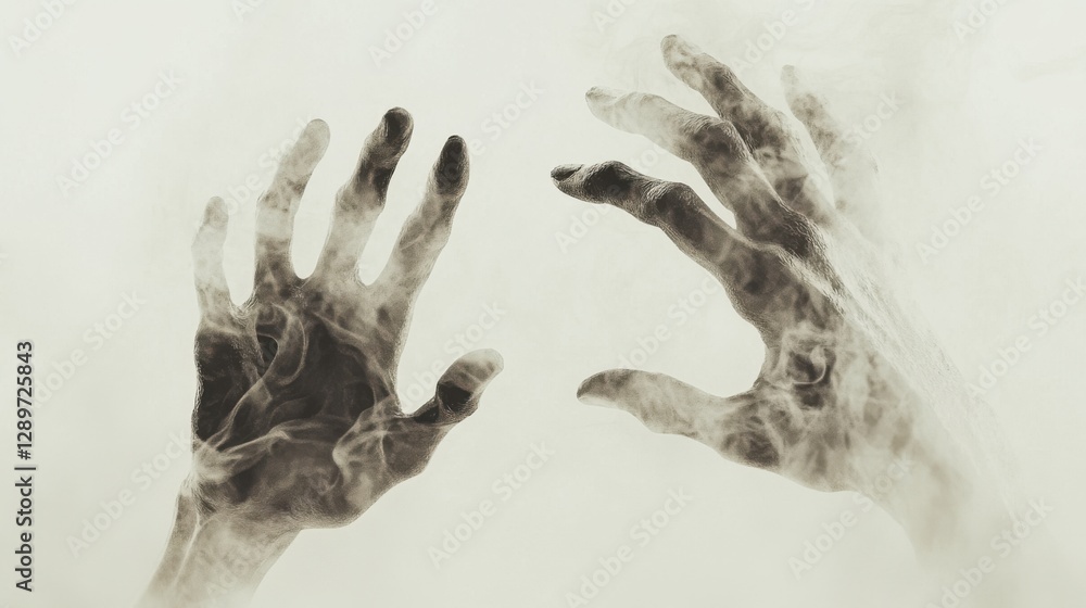 Ethereal ghostly hands in misty background
