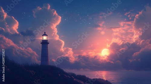 Serene Lighthouse at Dusk Under Colorful Clouds and Peaceful Ocean Waves in Soft Twilight Glow