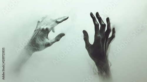 Obraz na płótnie Ethereal ghostly hands reaching through mist w salonie