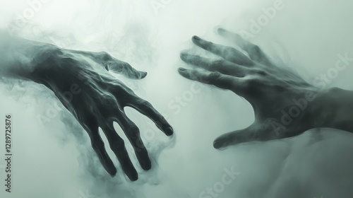 Ethereal ghostly hands emerging from mist