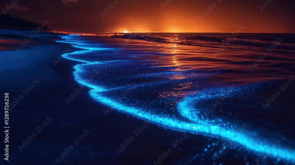 Fototapeta premium Glowing Waves at Night on Serene Beach with Bright Orange Horizon and Soft Ocean Ripples