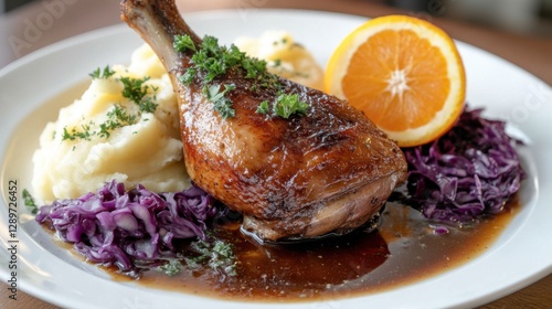 Elegant roasted duck leg with citrus garnish