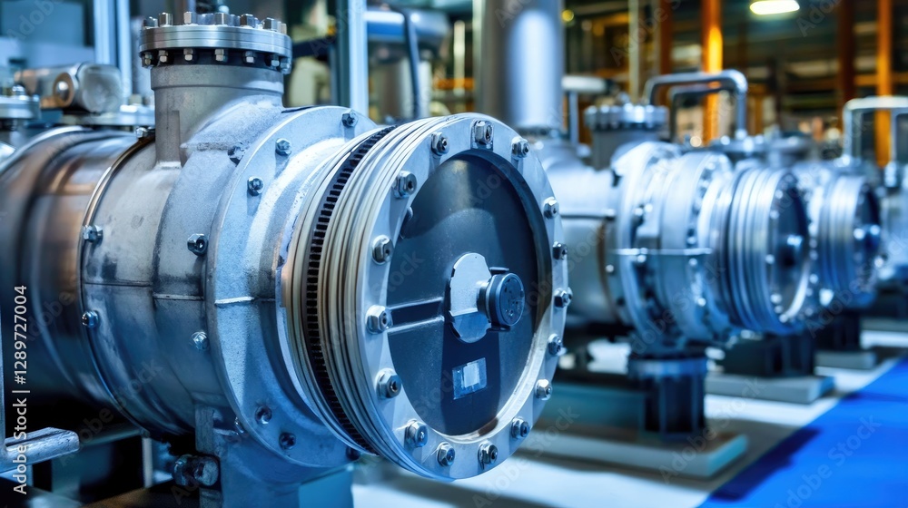 Large mechanical couplings in an industrial setting on a sharp blue backdrop Large mechanical couplings in an industrial setting on a sharp blue backdrop