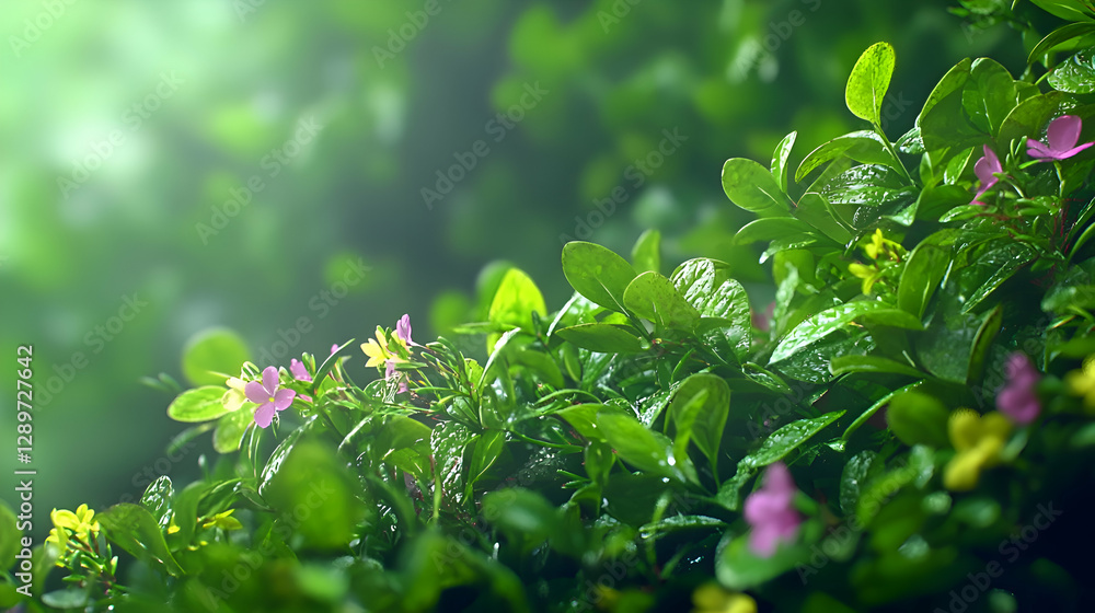 Lush Green Plants with Pink and Yellow Flowers in Soft Sunlight Lush Green Plants with Pink and Yellow Flowers in Soft Sunlight