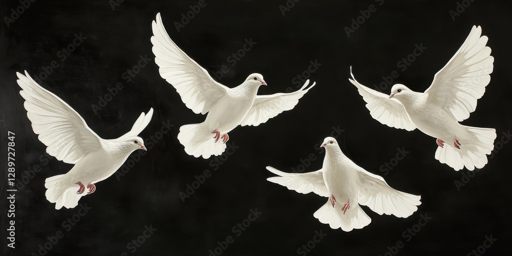 Doves in flight against black background
