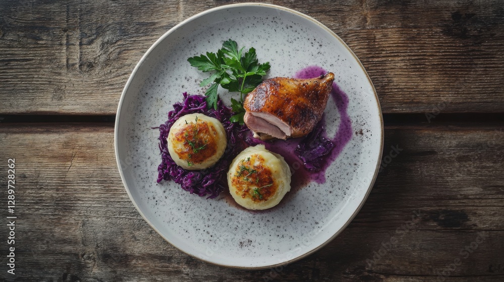Delicious roasted duck leg with dumplings and cabbage
