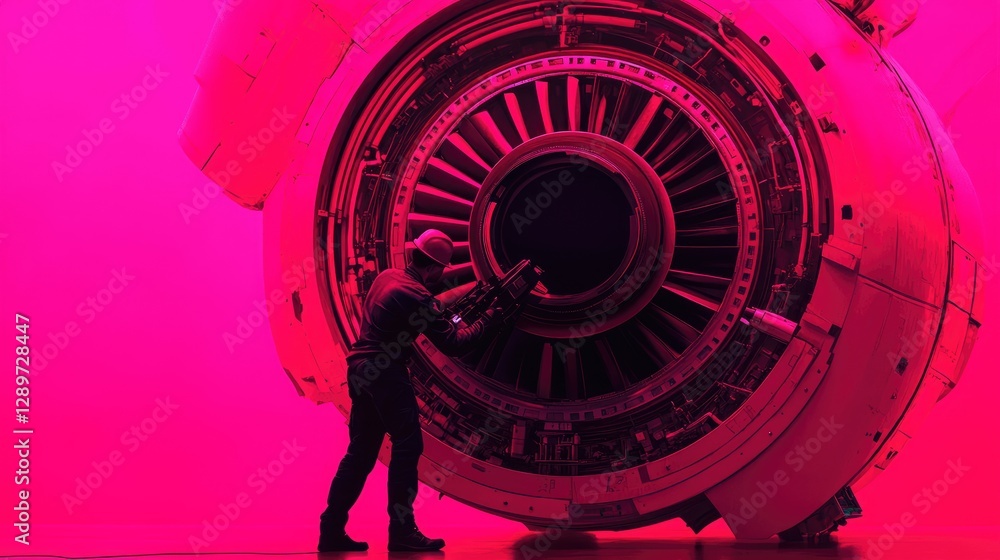 Fototapeta premium Mechanic silhouette fixing a large machine on a bold magenta backdrop