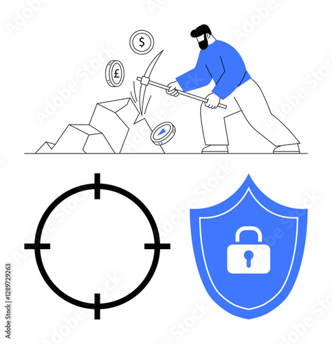 Miner extracting cryptocurrency with pickaxe, surrounded by euro and dollar coins. Target symbol and shield with lock imply security and focus. Ideal for finance, security, cryptocurrency, mining