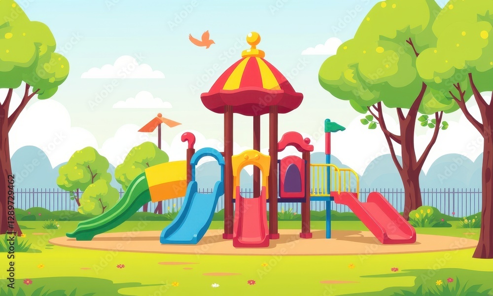 Colorful Children's Playground with Slides and Trees in a Park Setting for Fun and Recreational Activities Colorful Children's Playground with Slides and Trees in a Park Setting for Fun and Recreational Activities
