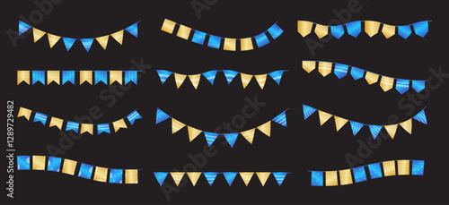 Gold and Blue Decorative Flag Banner Set Collection. Festive Bunting Flag and Ribbon Flags for Birthday Celebrations, Parties, Festivals, and Events Decoration. Colorful Bunting Flags Vector Element.
